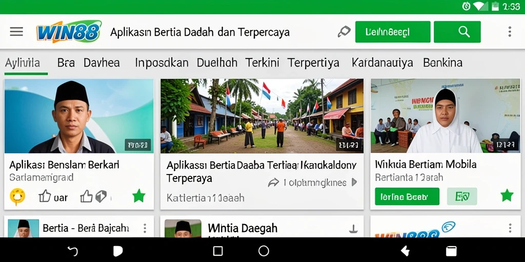 Tampilan antarmuka aplikasi WIN88 menampilkan berita daerah terkini.